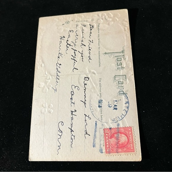 Vtg 1918 Postcard Anthropomorphic Easter Bunny Playing Horn Egg Clover Embossed - Picture 9 of 9